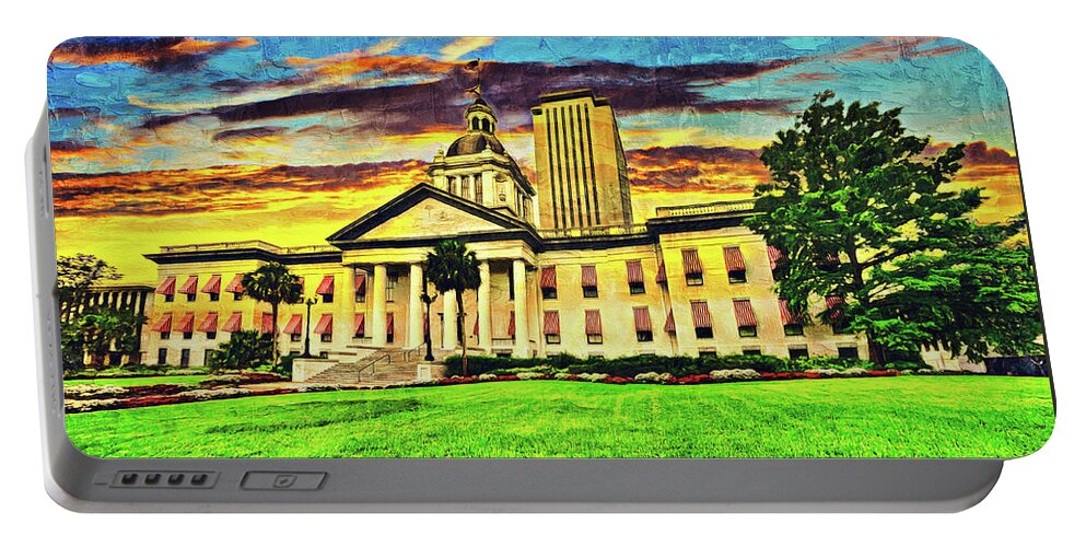 Florida State Capitol Portable Battery Charger featuring the digital art The Florida State Capitol complex in Tallahassee, at sunset - oil painting by Nicko Prints