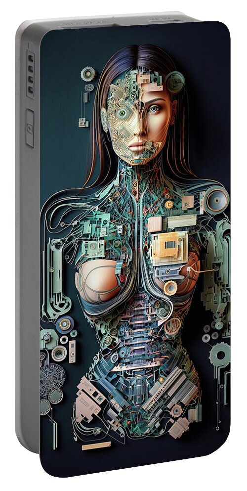 Cyborg Portable Battery Charger featuring the digital art The Future of AI 02 Robot Woman by Matthias Hauser