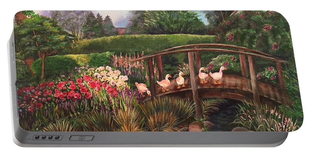 Garden Portable Battery Charger featuring the painting The Garden Bridge by Barbara Landry