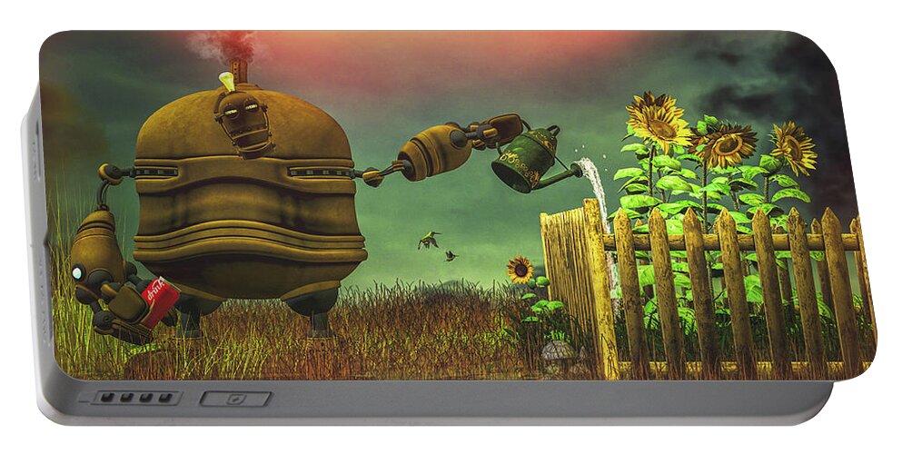 Robot Portable Battery Charger featuring the digital art The Gardener by Bob Orsillo