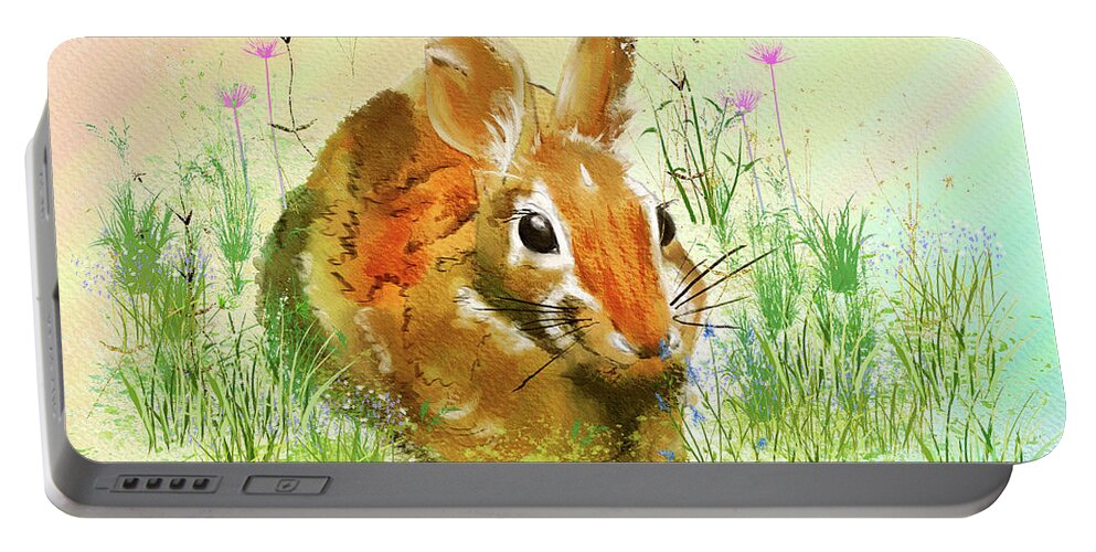 Bunny Portable Battery Charger featuring the digital art The Gardener In The Flowers by Lois Bryan