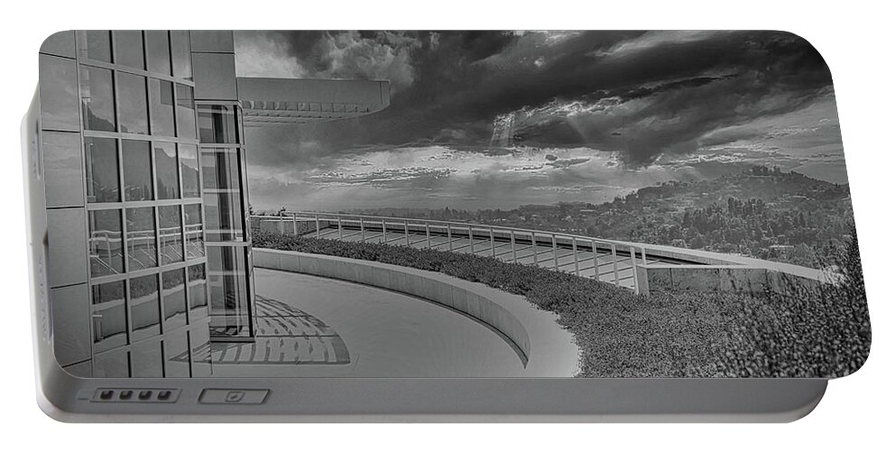 Getty Museum Portable Battery Charger featuring the photograph The Getty Architecture Black White Los Angeles by Chuck Kuhn