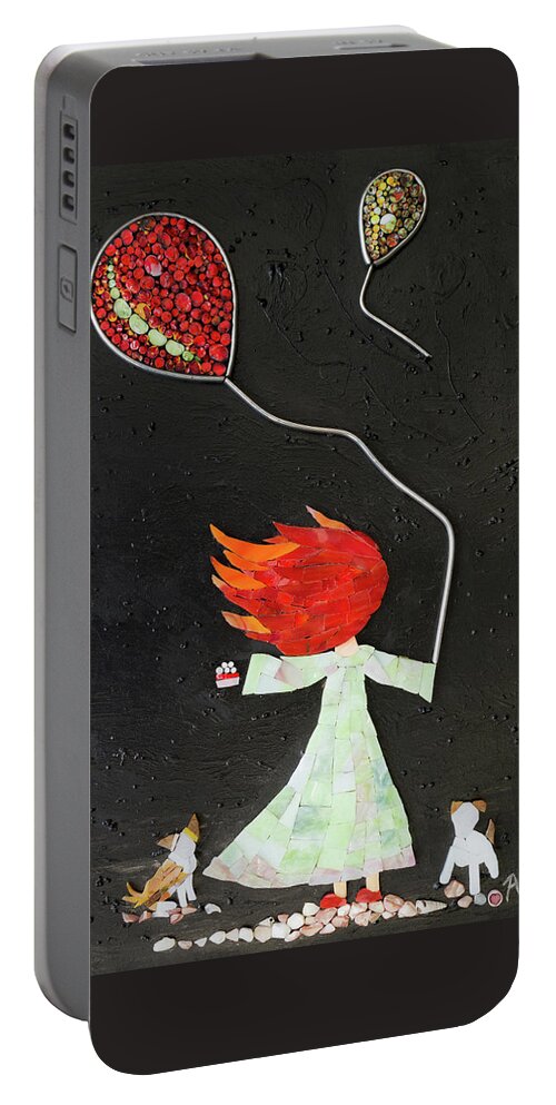 Girl Portable Battery Charger featuring the glass art The girl with two balloons and two small dogs by Adriana Zoon