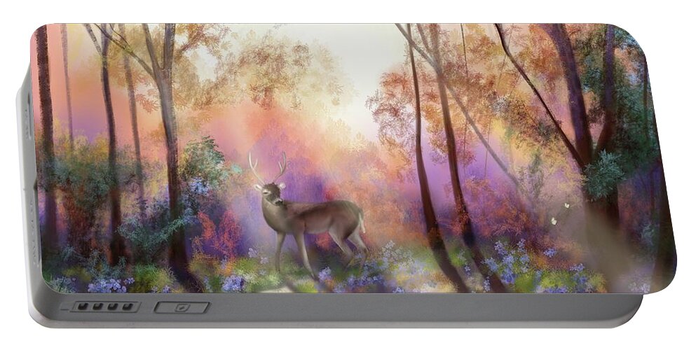Enchanted Portable Battery Charger featuring the digital art The Golden Hour at Swinley Forest by Rachel Emmett