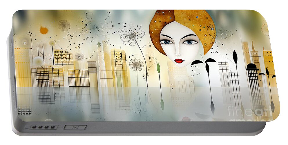 Abstract Portable Battery Charger featuring the digital art The image presents a stylized woman's portrait blending with an abstract cityscape by Odon Czintos