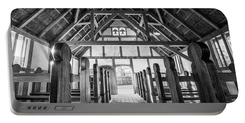 Church Portable Battery Charger featuring the photograph The Interior of Fort James' Anglican Church - Oil Painting Style - Black and White by Rachel Morrison