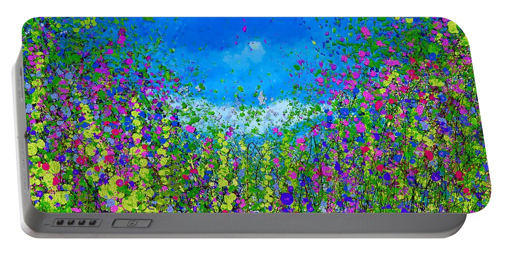 Tall Grass Portable Battery Charger featuring the mixed media The Kingdom of Bees in Tall Grass Meadow Abstract Wild Flowers by Lena Owens - OLena Art Vibrant Palette Knife and Graphic Design