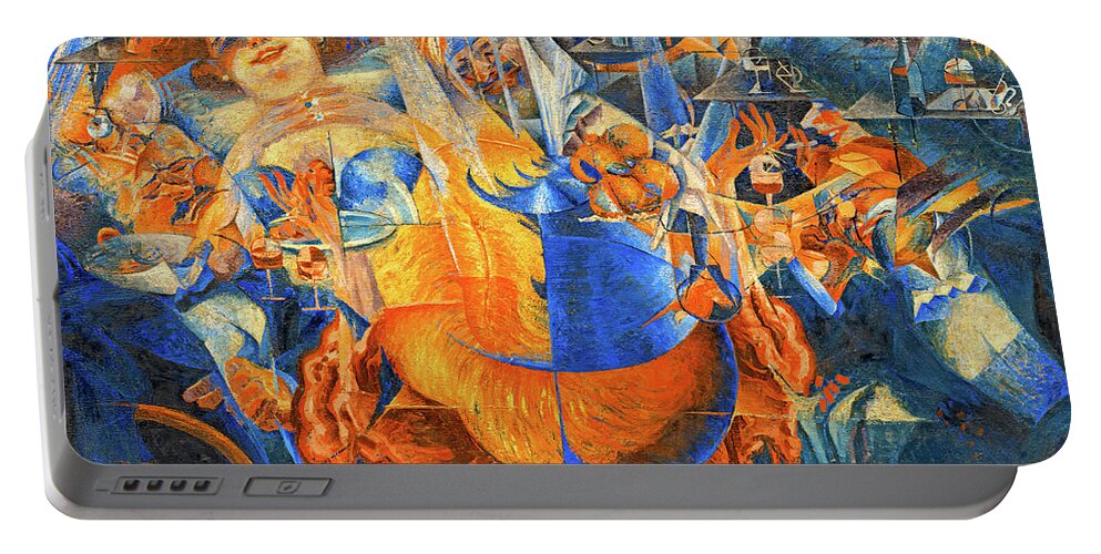 The Laugh Portable Battery Charger featuring the digital art The Laugh by Umberto Boccioni - digital recreation in blue and orange by Nicko Prints
