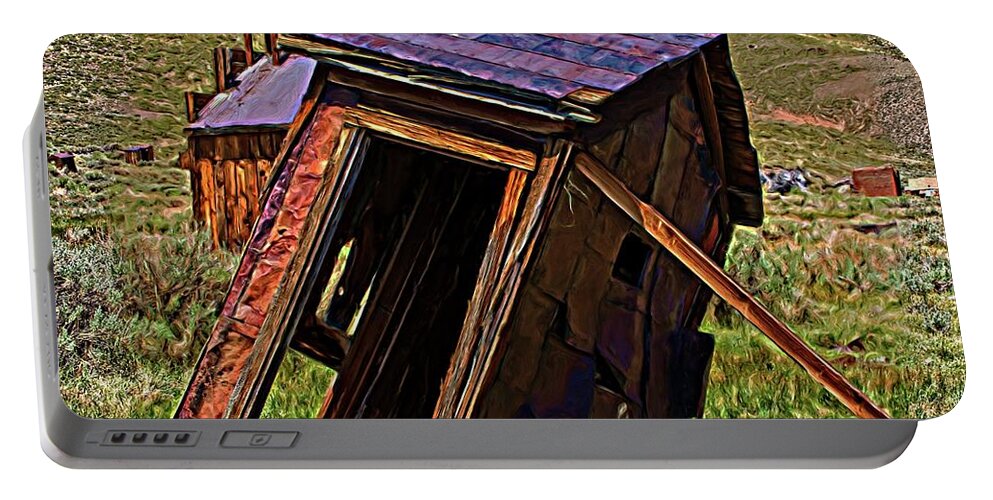Abandoned Portable Battery Charger featuring the digital art The Leaning Outhouse Of Bodie by David Desautel