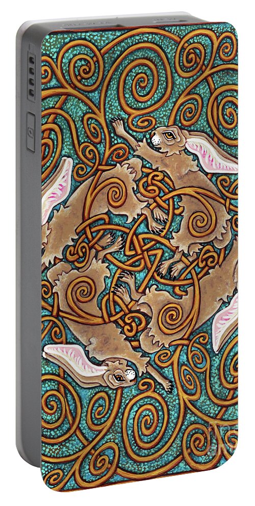 Hare Portable Battery Charger featuring the painting The Legend of Hare Terra. Knotted Hare. Illuminated Metalwork. Chrysocolla Enamel and Gold. by Amy E Fraser