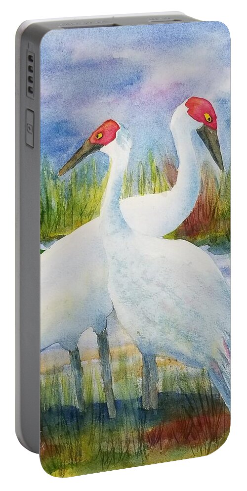 Sandhill Cranes Portable Battery Charger featuring the painting The Locals by Ann Frederick