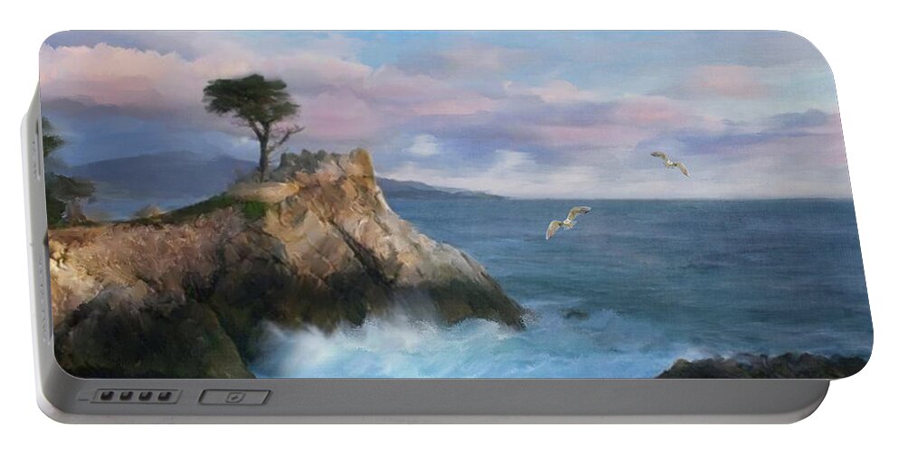 Cypress Point Portable Battery Charger featuring the mixed media The Lone Cypress at Cypress Point by Colleen Taylor