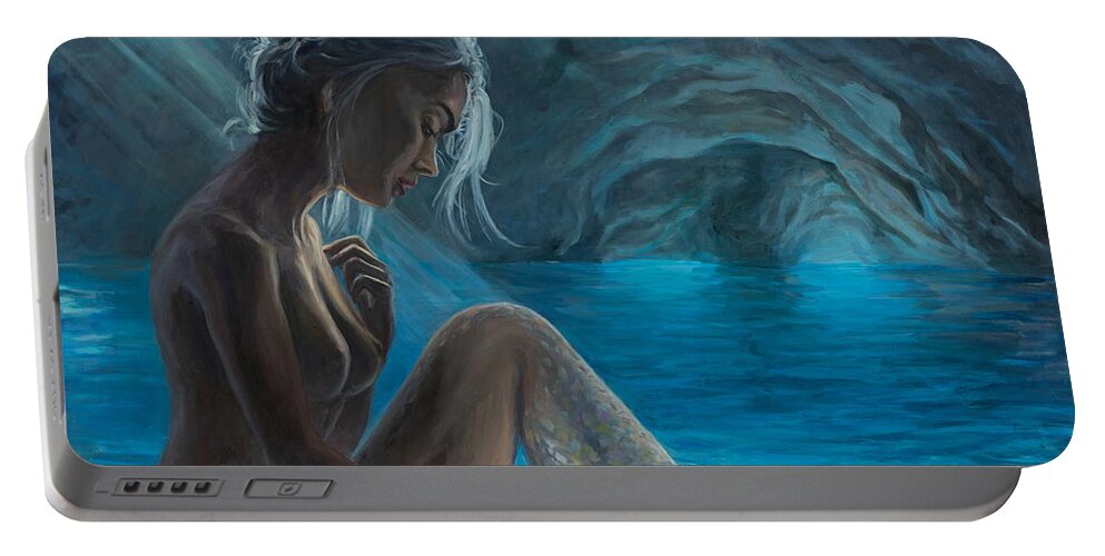 Mermaid Portable Battery Charger featuring the painting The mermaid of the blue cave by Marco Busoni