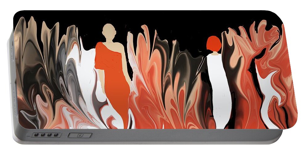 Monk Portable Battery Charger featuring the digital art .The monk, girl and the cat by Elaine Hayward