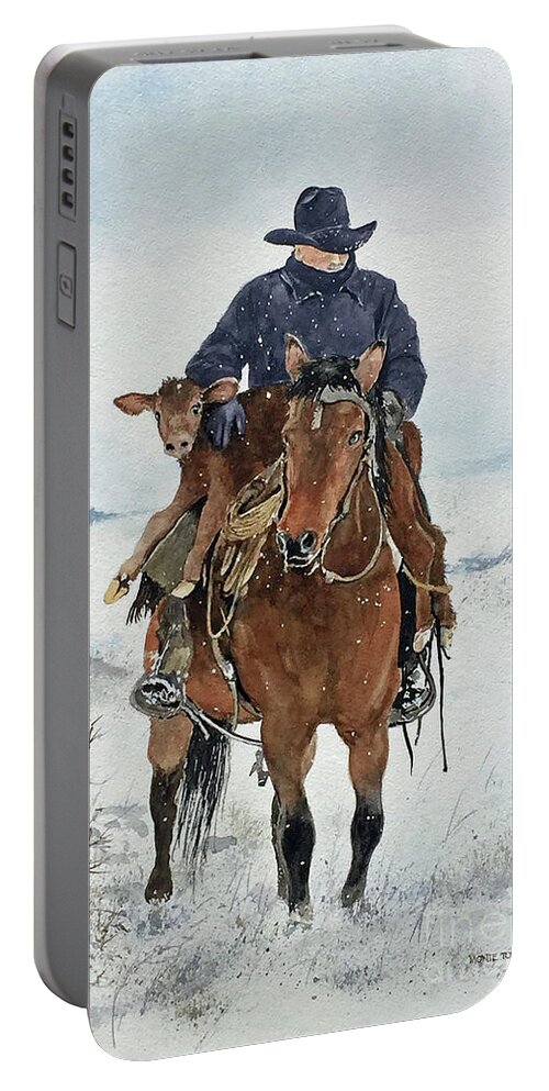A Horse Carries A Cowboy And A Newborn Calf At A Ranch In Oregon On A Cold Snowy Morning. Portable Battery Charger featuring the painting The Newborn by Monte Toon