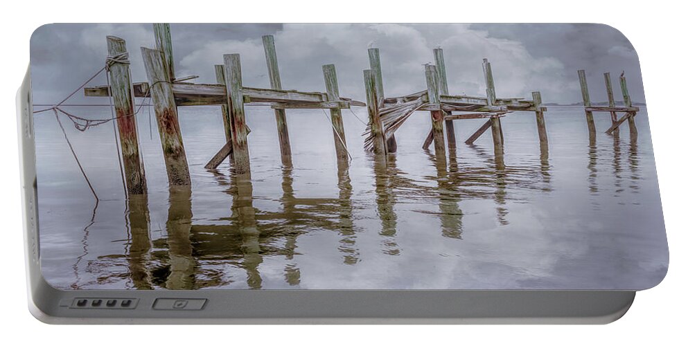 Boats Portable Battery Charger featuring the photograph The Old Wooden Docks in the Pale Fog by Debra and Dave Vanderlaan