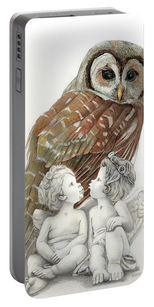 Prey Portable Battery Charger featuring the drawing The Owl-guardian or predator by Tim Ernst
