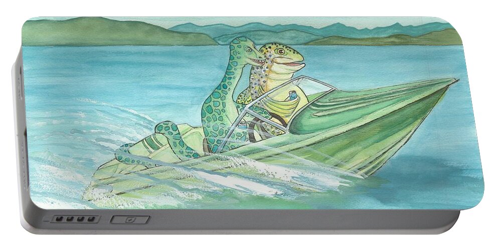 Pend Oreille Paddler Portable Battery Charger featuring the painting The Paddler and a Brook Trout go for Cruise by Whitney Palmer