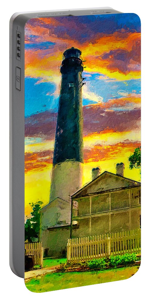 Pensacola Lighthouse Portable Battery Charger featuring the digital art The Pensacola lighthouse and maratime museum at sunset - digital painting by Nicko Prints