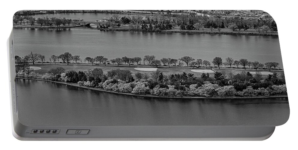 Washington Portable Battery Charger featuring the photograph The Pentagon Aerial BW by Susan Candelario