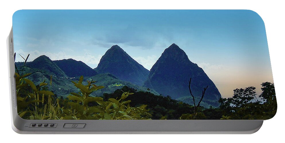 The Piton Twins Portable Battery Charger featuring the mixed media The Peton Mountains St. Lucia by Pheasant Run Gallery