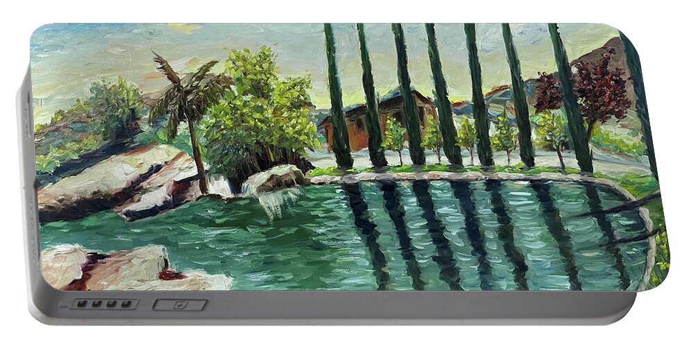 Gershon Bachus Vintners Portable Battery Charger featuring the painting The Pond at Gershon Bachus Vintners Temecula by Roxy Rich