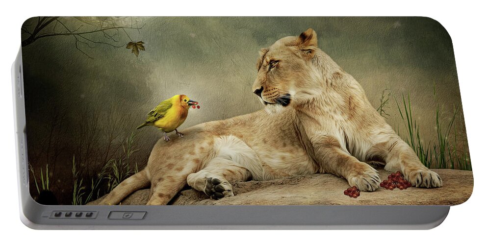 Lioness Portable Battery Charger featuring the digital art The Queen of the Savannah by Maggy Pease