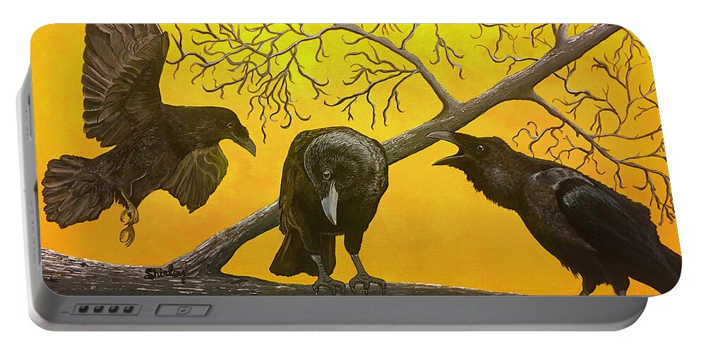 Birds Portable Battery Charger featuring the painting The Raven Triad by Shirley Dutchkowski