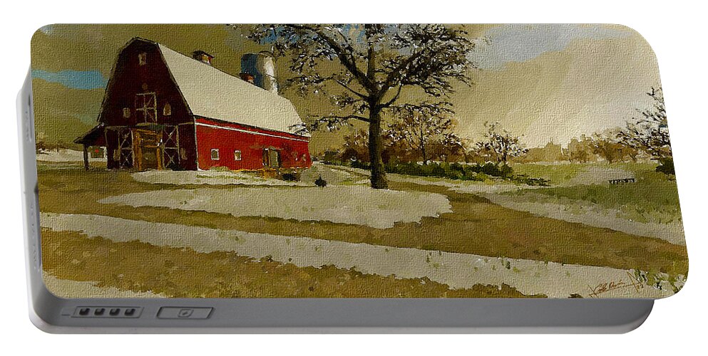 Winter Portable Battery Charger featuring the painting The Red Barn by Charlie Roman