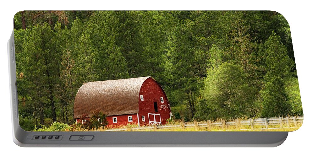Red Portable Battery Charger featuring the photograph The Red Barn by Mary Jane Armstrong