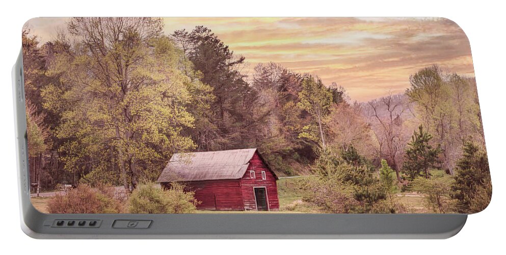 Barns Portable Battery Charger featuring the photograph The Red Country Barn at Sunset by Debra and Dave Vanderlaan