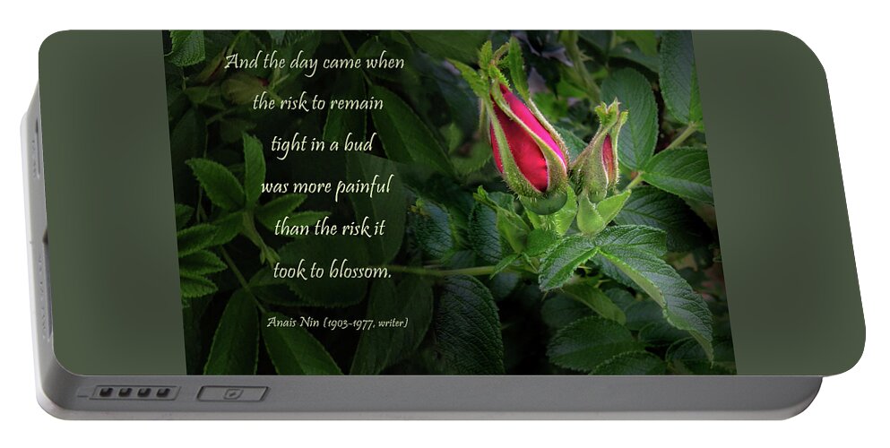 Red Rose Portable Battery Charger featuring the photograph The Red Rose Bud by Nancy Griswold