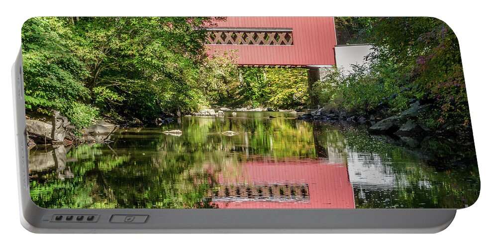 River Portable Battery Charger featuring the digital art The Reflection of Wooddale Covered Bridge Rural Landscape Photograph by PIPA Fine Art - Simply Solid
