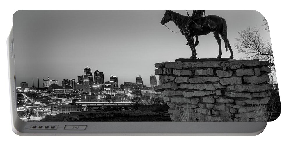 America Portable Battery Charger featuring the photograph The Scout Overlooking the Kansas City Skyline - Black and White by Gregory Ballos