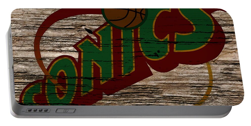 Seattle Super Sonics Portable Battery Charger featuring the mixed media The Seattle Super Sonics 1f by Brian Reaves