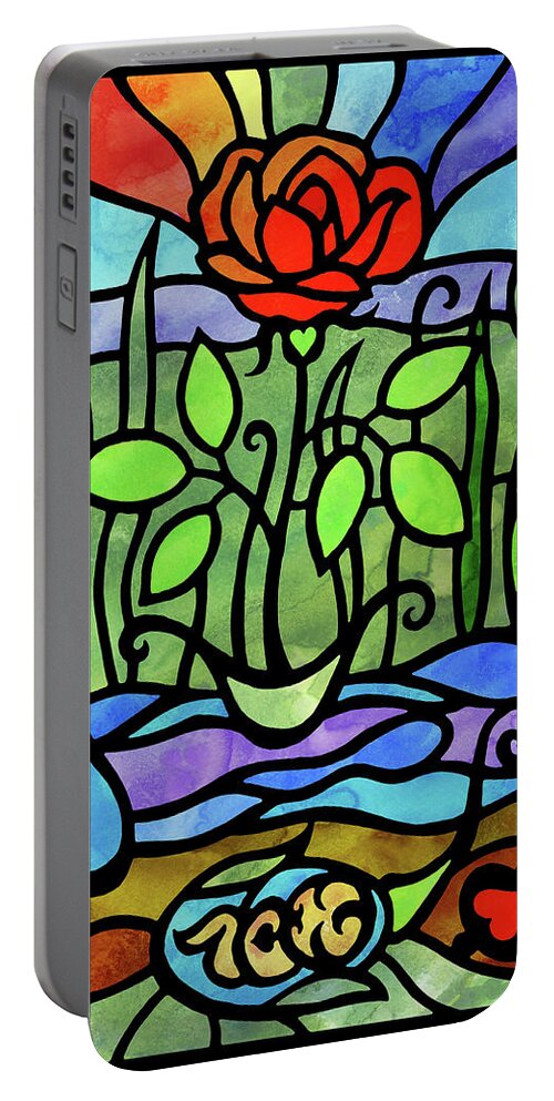 Tiffany Portable Battery Charger featuring the painting The Seed Of Love In Rose Garden Stained Glass Tiffany Style Watercolor by Irina Sztukowski