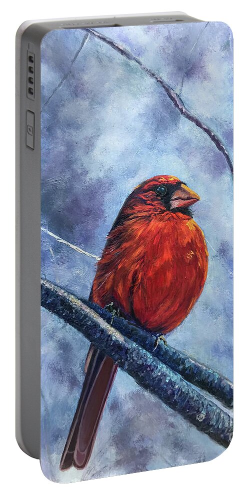 Original Oil Painting Portable Battery Charger featuring the painting The Sentinel Cardinal by Sherrell Rodgers