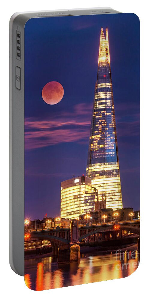 London Portable Battery Charger featuring the photograph The Shard and red moon, London by Neale And Judith Clark