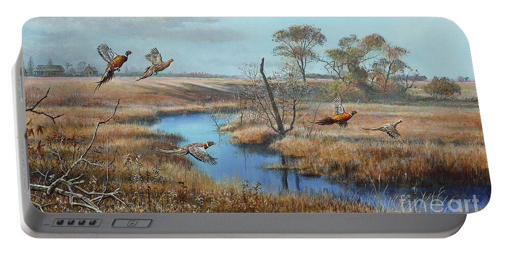 Scott Zoellick Portable Battery Charger featuring the painting The Slough Pheasants by Scott Zoellick