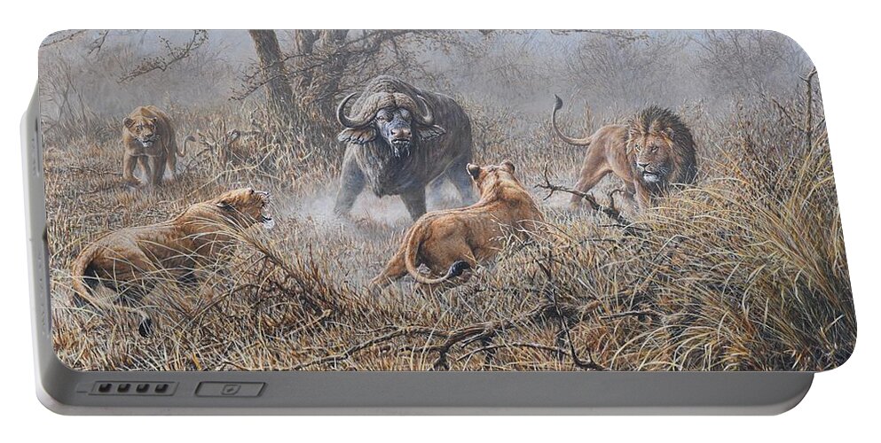 Buffalo Portable Battery Charger featuring the painting The Stand Off by Alan M Hunt