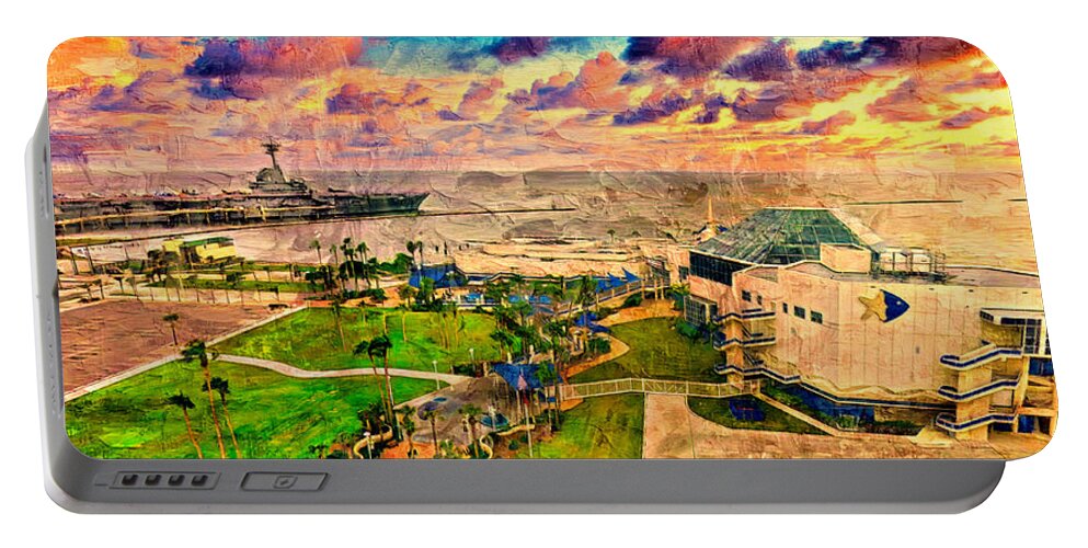 Texas State Aquarium Portable Battery Charger featuring the digital art The Texas State Aquarium and USS Lexington Museum in Corpus Christi at sunset by Nicko Prints