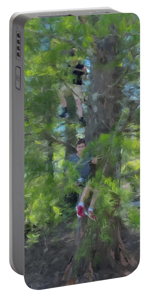 Trees Portable Battery Charger featuring the painting The Tree Climbers by Gary Arnold