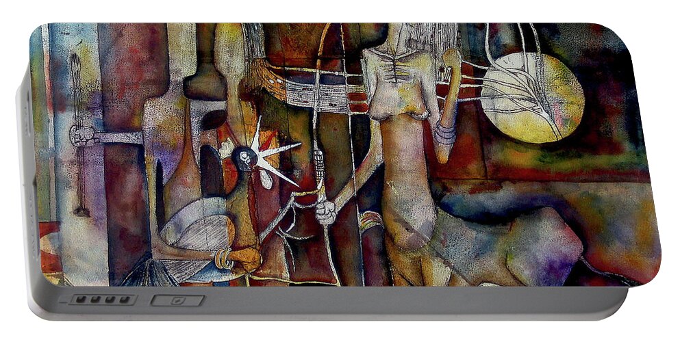 Abstract Portable Battery Charger featuring the painting The Unicorn Man by Speelman Mahlangu 1958-2004
