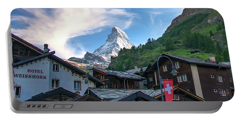 Blue Sky Portable Battery Charger featuring the photograph The Village of Zermatt, Switzerland by Matthew DeGrushe