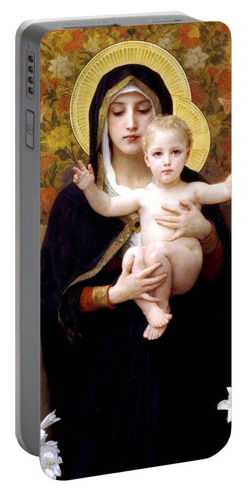 The Virgin Of The Lilies Portable Battery Charger featuring the digital art The Virgin of the Lilies by William Bouguereau
