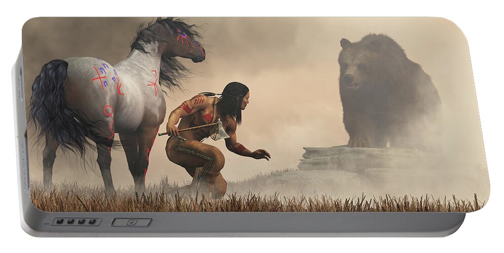 Native American Portable Battery Charger featuring the digital art The Warrior and the Bear by Daniel Eskridge
