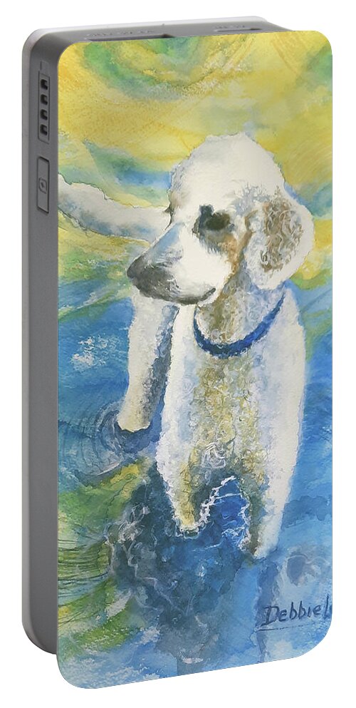 Doodle Portable Battery Charger featuring the painting The Water-Loving Doodle by Debbie Lewis
