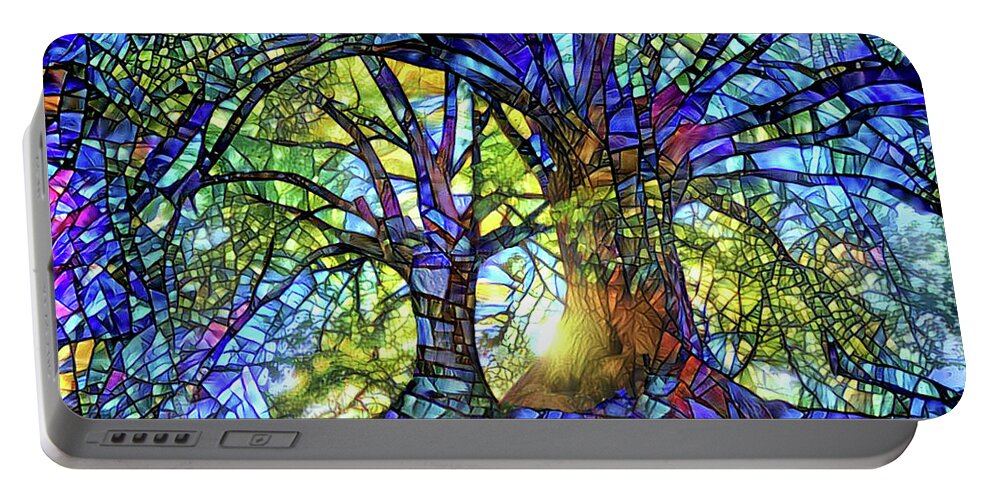 Stained Glass Portable Battery Charger featuring the digital art The Worship of Trees by Peggy Collins