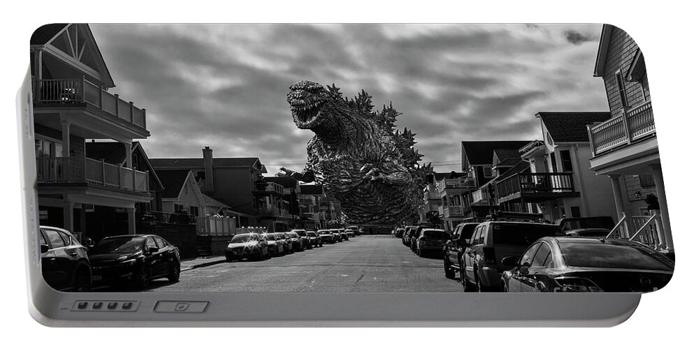 Godzilla Portable Battery Charger featuring the digital art There Goes The Neighborhood by Scott Evers