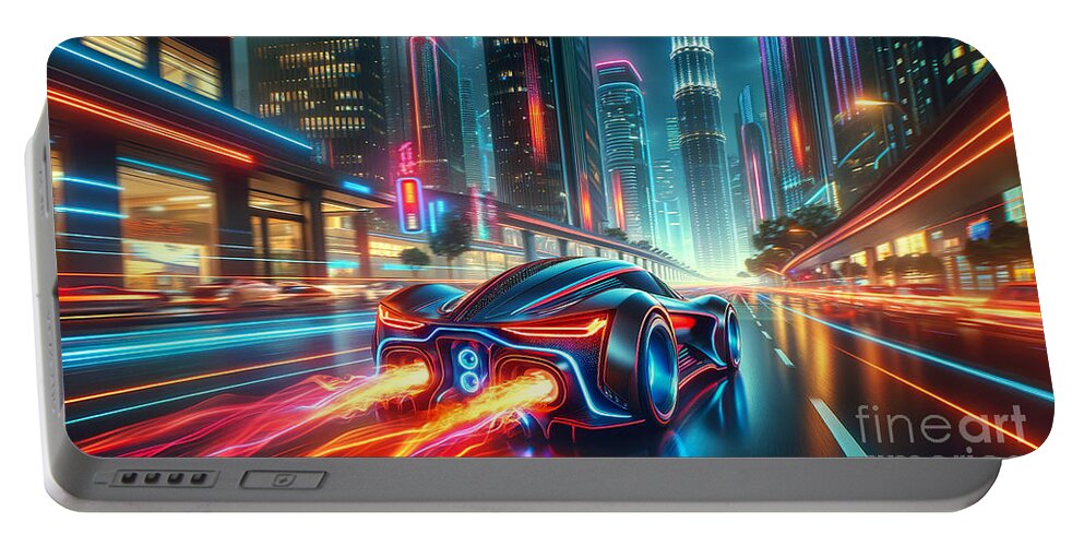 Futuristic Portable Battery Charger featuring the digital art This image portrays a futuristic sports car with flaming exhausts speeding through a vibrant by Odon Czintos